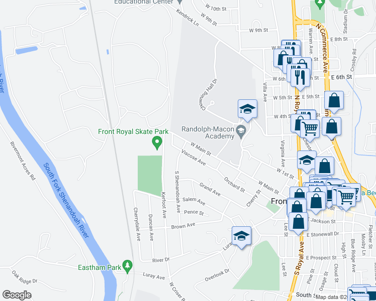 map of restaurants, bars, coffee shops, grocery stores, and more near 521 Viscose Avenue in Front Royal