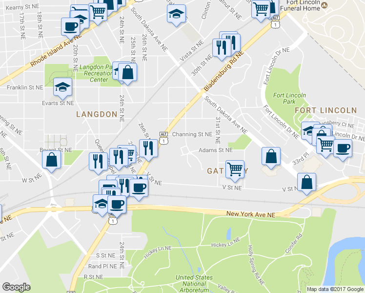 map of restaurants, bars, coffee shops, grocery stores, and more near 2408 30th Street Northeast in Washington