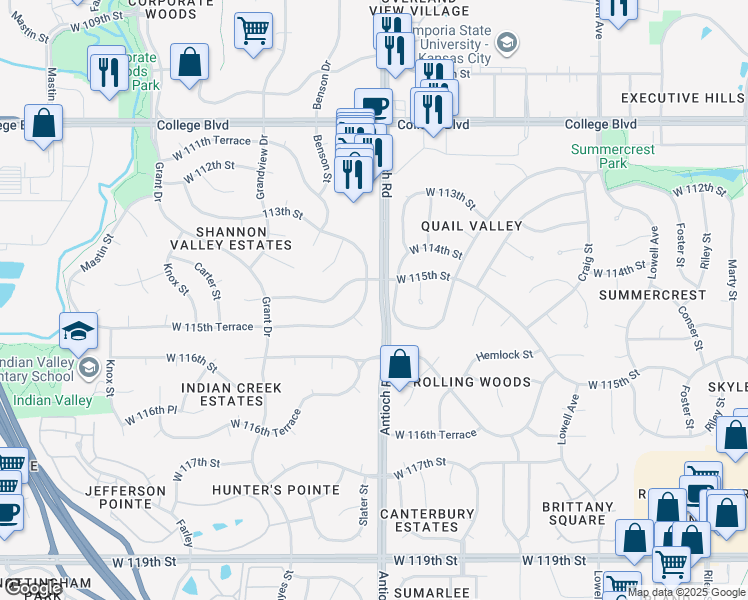 map of restaurants, bars, coffee shops, grocery stores, and more near 8507 West 115th Street in Overland Park