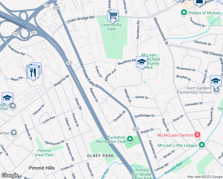 map of restaurants, bars, coffee shops, grocery stores, and more near 7108 Sea Cliff Road in McLean