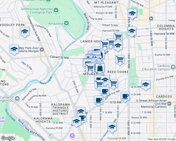 map of restaurants, bars, coffee shops, grocery stores, and more near 1841 Columbia Road Northwest in Washington