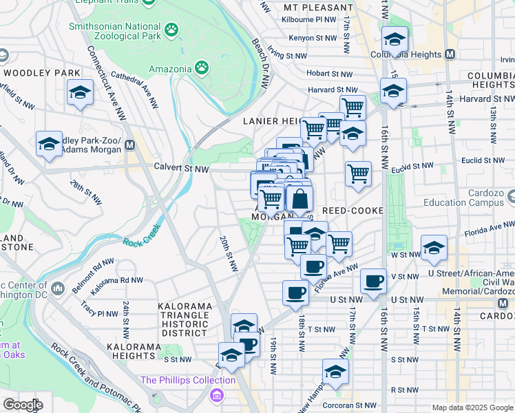 map of restaurants, bars, coffee shops, grocery stores, and more near 1835 Mintwood Place Northwest in Washington