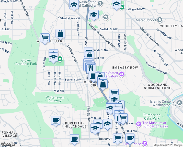 map of restaurants, bars, coffee shops, grocery stores, and more near 2416 Wisconsin Ave NW in Washington