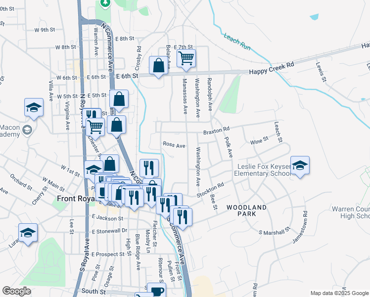 map of restaurants, bars, coffee shops, grocery stores, and more near 224 Manassas Avenue in Front Royal
