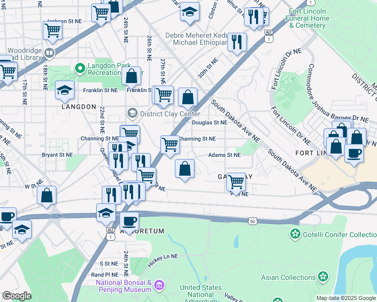 map of restaurants, bars, coffee shops, grocery stores, and more near 2408 30th Street Northeast in Washington
