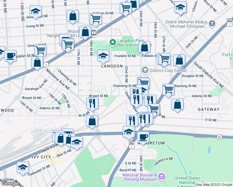 map of restaurants, bars, coffee shops, grocery stores, and more near 2008 Bryant Street Northeast in Washington