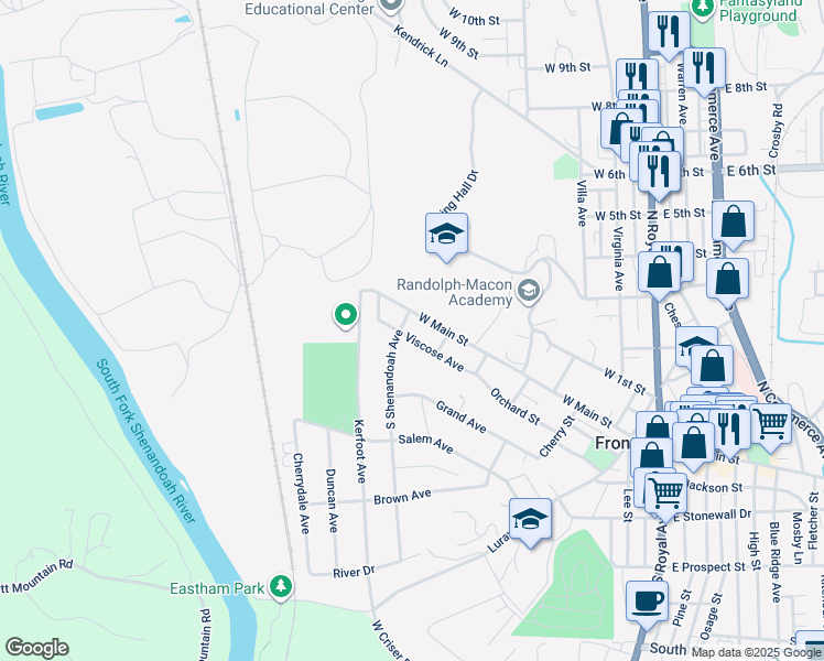 map of restaurants, bars, coffee shops, grocery stores, and more near 521 Viscose Avenue in Front Royal