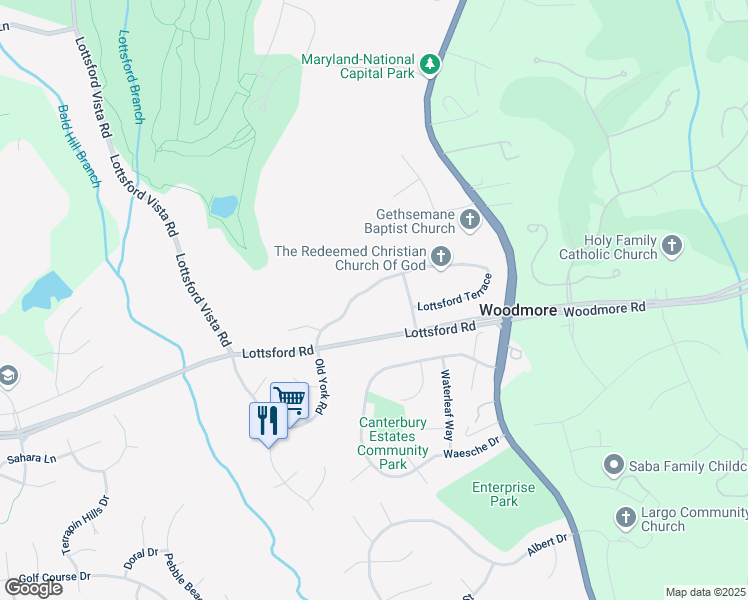 map of restaurants, bars, coffee shops, grocery stores, and more near 11309 Old Lottsford Road in Bowie