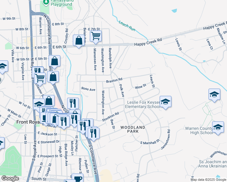 map of restaurants, bars, coffee shops, grocery stores, and more near 222 Randolph Avenue in Front Royal