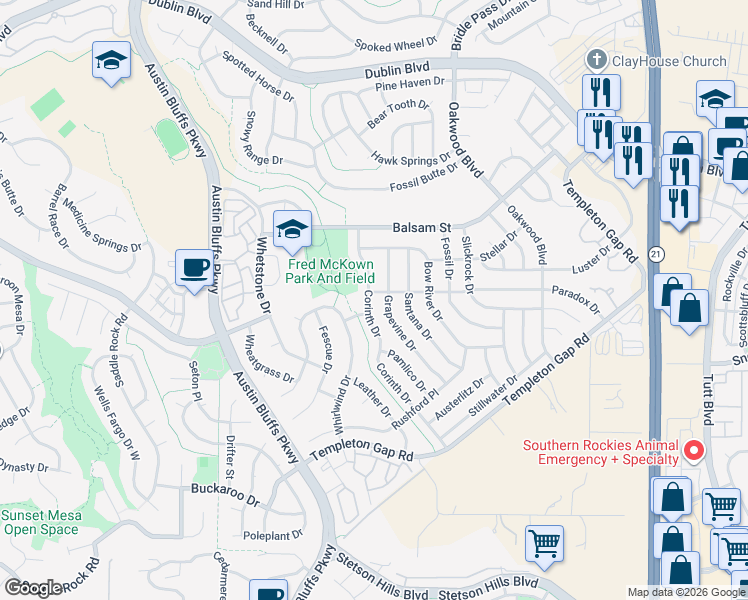 map of restaurants, bars, coffee shops, grocery stores, and more near 5989 Corinth Drive in Colorado Springs