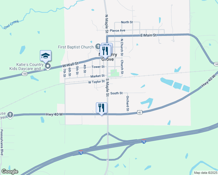map of restaurants, bars, coffee shops, grocery stores, and more near 406 South Maple Street in Mulberry Grove