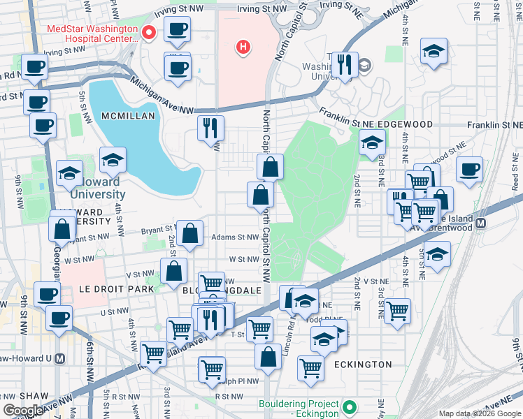 map of restaurants, bars, coffee shops, grocery stores, and more near 101 Independence Avenue Southeast in Washington
