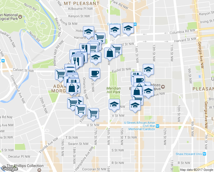 map of restaurants, bars, coffee shops, grocery stores, and more near 2420 16th Street Northwest in Washington
