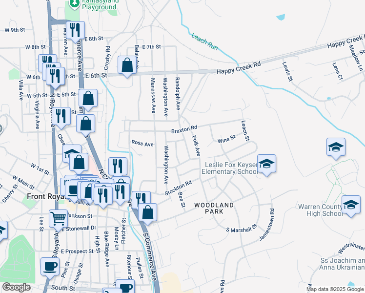 map of restaurants, bars, coffee shops, grocery stores, and more near 222 Randolph Avenue in Front Royal