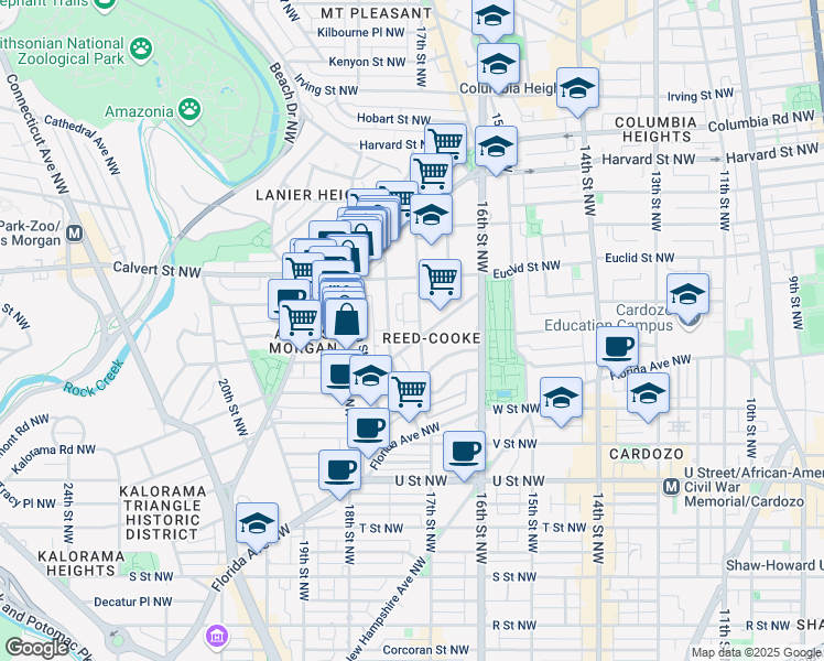 map of restaurants, bars, coffee shops, grocery stores, and more near 1701 Kalorama Road Northwest in Washington