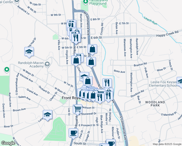 map of restaurants, bars, coffee shops, grocery stores, and more near 125 Hillidge Street in Front Royal