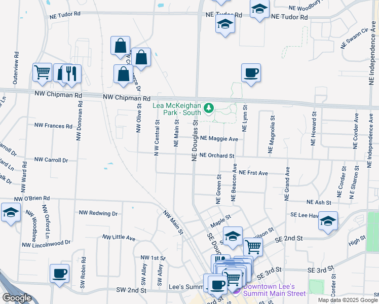 map of restaurants, bars, coffee shops, grocery stores, and more near 504 Northeast Douglas Street in Lee's Summit