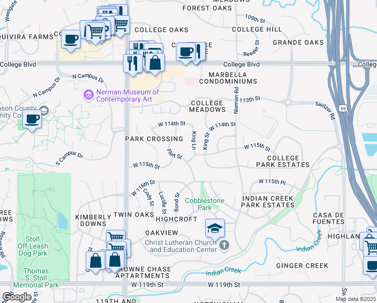 map of restaurants, bars, coffee shops, grocery stores, and more near 11429 Flint Street in Overland Park