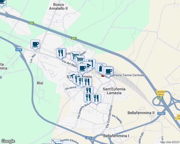 map of restaurants, bars, coffee shops, grocery stores, and more near 43 Via del Mare in Santa Eufemia Lamezia