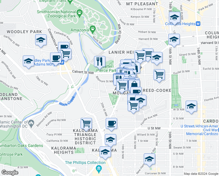 map of restaurants, bars, coffee shops, grocery stores, and more near 1865 Mintwood Place Northwest in Washington