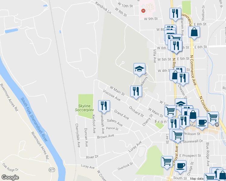 map of restaurants, bars, coffee shops, grocery stores, and more near 512 West Main Street in Front Royal