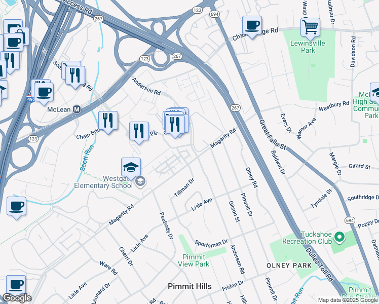 map of restaurants, bars, coffee shops, grocery stores, and more near 1710 Anderson Road in Tysons