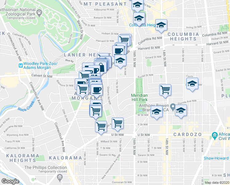 map of restaurants, bars, coffee shops, grocery stores, and more near 1701 Kalorama Road Northwest in Washington