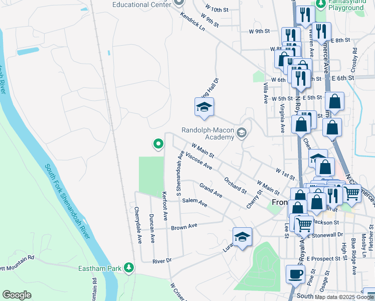 map of restaurants, bars, coffee shops, grocery stores, and more near 523 Viscose Avenue in Front Royal
