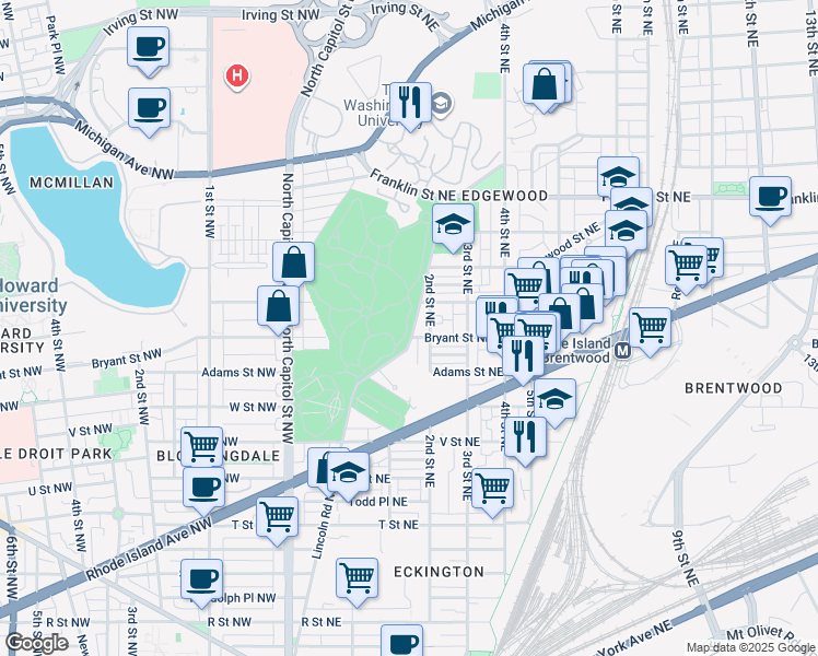 map of restaurants, bars, coffee shops, grocery stores, and more near 2315 Lincoln Road Northeast in Washington