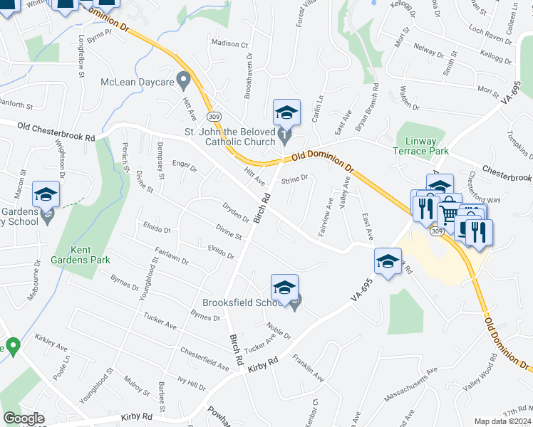 map of restaurants, bars, coffee shops, grocery stores, and more near 6429 Old Chesterbrook Road in McLean