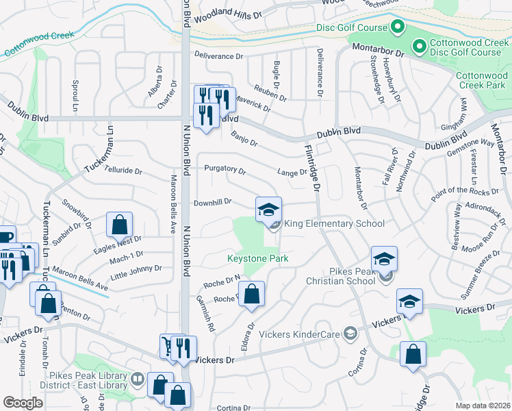 map of restaurants, bars, coffee shops, grocery stores, and more near 6212 Powder Puff Drive in Colorado Springs