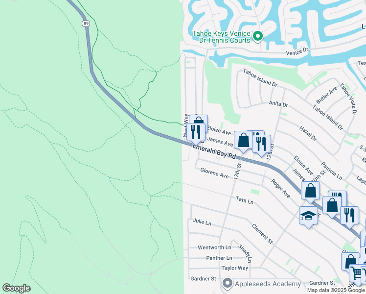 map of restaurants, bars, coffee shops, grocery stores, and more near 515 California 89 in South Lake Tahoe