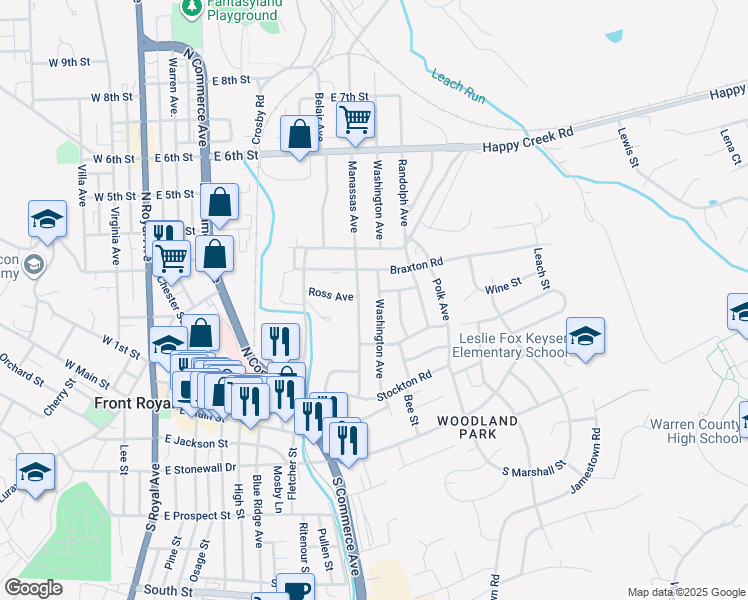 map of restaurants, bars, coffee shops, grocery stores, and more near 224 Washington Avenue in Front Royal