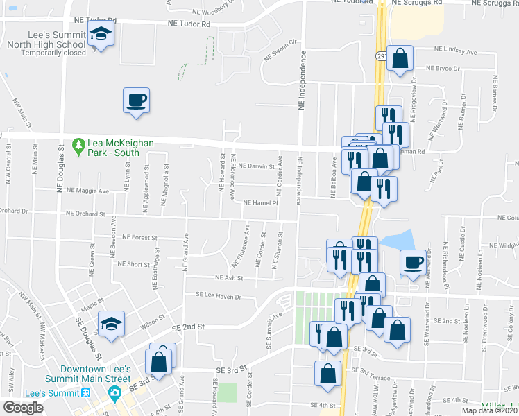 map of restaurants, bars, coffee shops, grocery stores, and more near 704 Northeast Hamel Place in Lee's Summit