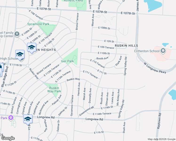 map of restaurants, bars, coffee shops, grocery stores, and more near 8405 East 111 Street in Kansas City