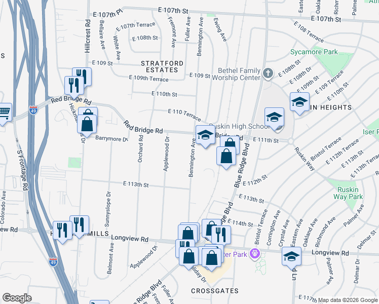 map of restaurants, bars, coffee shops, grocery stores, and more near 11104 Bennington Avenue in Kansas City