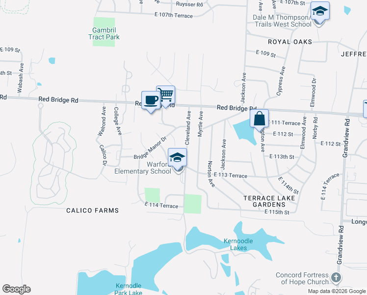 map of restaurants, bars, coffee shops, grocery stores, and more near 11208 Cleveland Avenue in Kansas City
