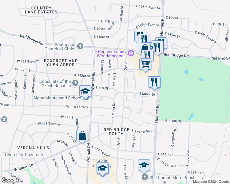map of restaurants, bars, coffee shops, grocery stores, and more near 11241 Mc Gee Street in Kansas City