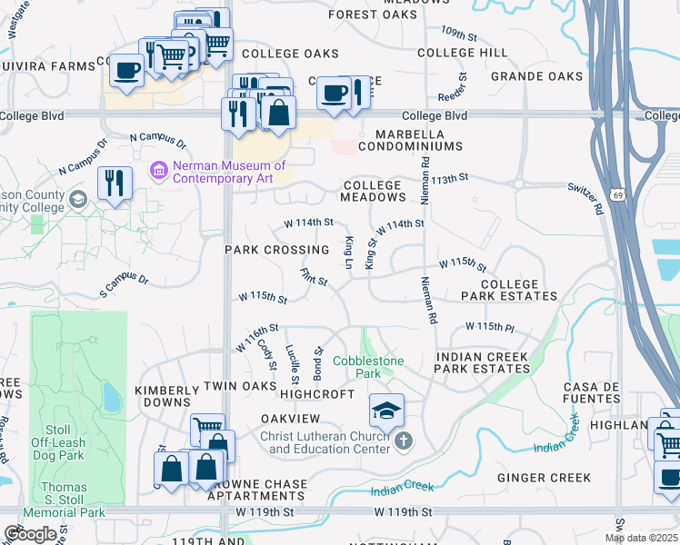 map of restaurants, bars, coffee shops, grocery stores, and more near 11429 Flint Street in Overland Park