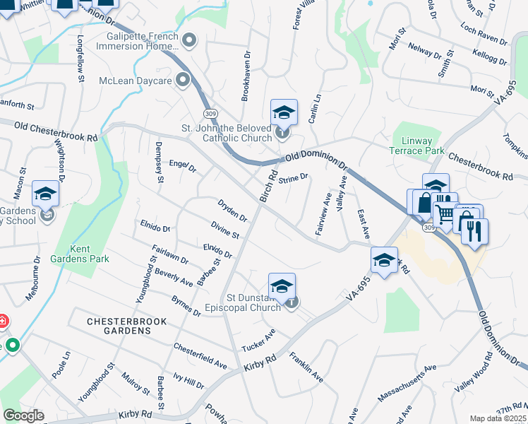 map of restaurants, bars, coffee shops, grocery stores, and more near 6429 Old Chesterbrook Road in McLean