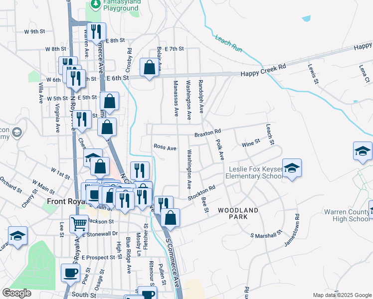 map of restaurants, bars, coffee shops, grocery stores, and more near 224 Washington Avenue in Front Royal