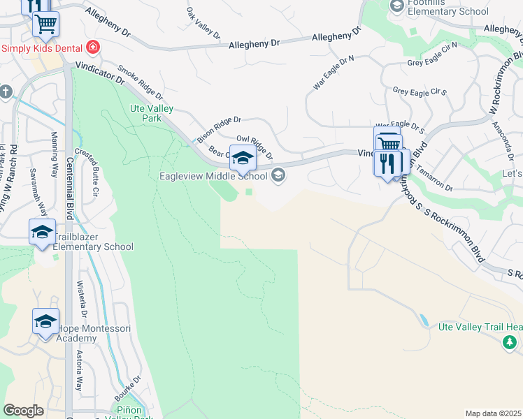 map of restaurants, bars, coffee shops, grocery stores, and more near 1325 Vindicator Drive in Colorado Springs