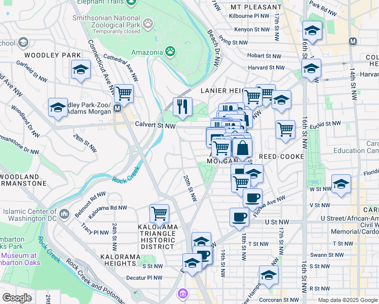 map of restaurants, bars, coffee shops, grocery stores, and more near 2426 19th Street Northwest in Washington