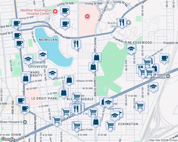 map of restaurants, bars, coffee shops, grocery stores, and more near 31 Bryant Street Northwest in Washington