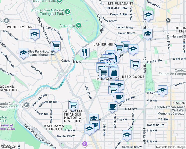 map of restaurants, bars, coffee shops, grocery stores, and more near 1865 Mintwood Place Northwest in Washington