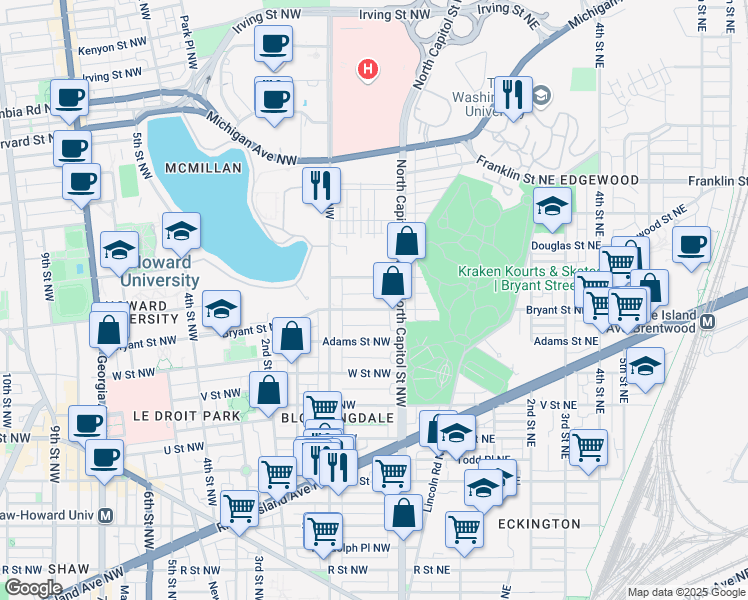 map of restaurants, bars, coffee shops, grocery stores, and more near 33 Bryant Street Northwest in Washington