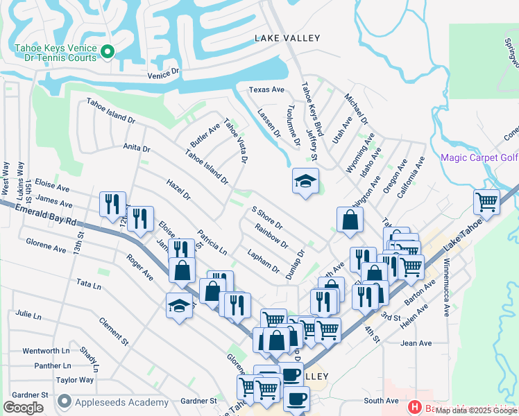 map of restaurants, bars, coffee shops, grocery stores, and more near 886 Tahoe Island Drive in South Lake Tahoe