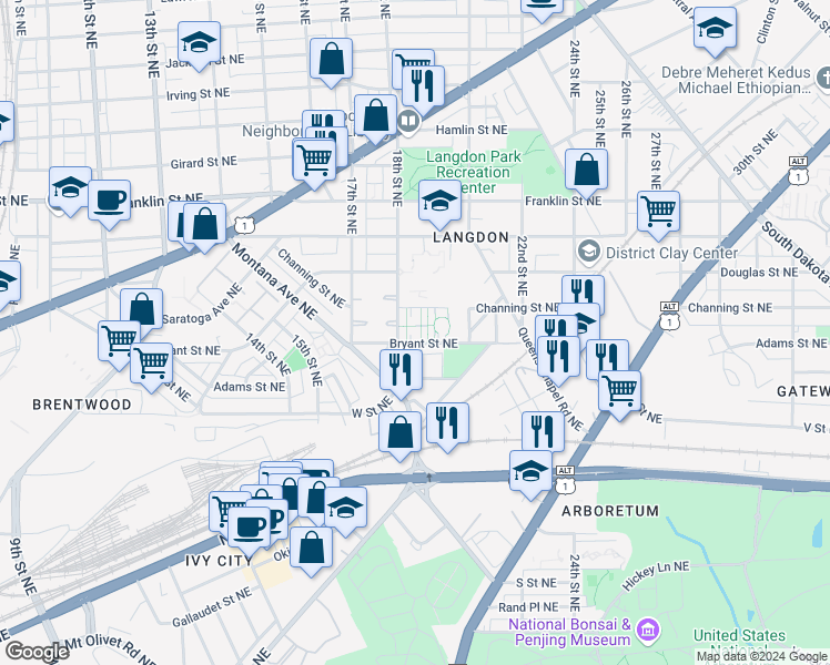 map of restaurants, bars, coffee shops, grocery stores, and more near 1822 Bryant Street Northeast in Washington