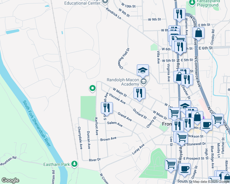 map of restaurants, bars, coffee shops, grocery stores, and more near 512 West Main Street in Front Royal