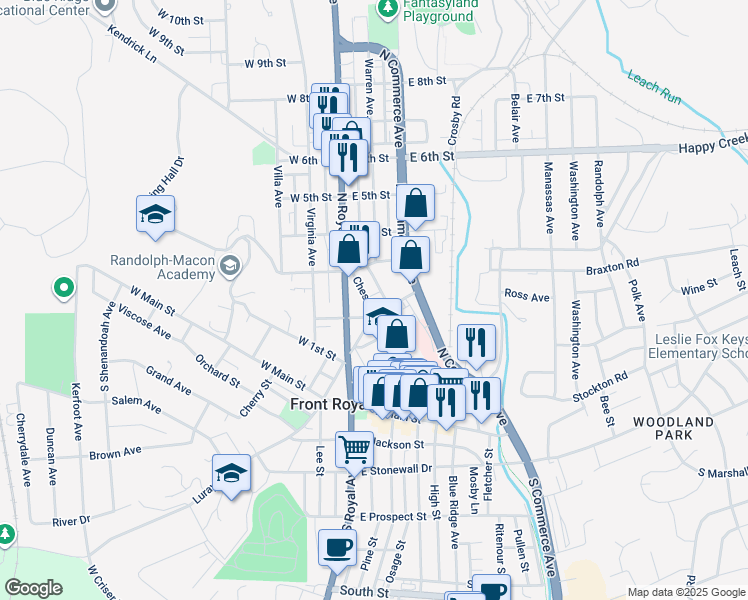 map of restaurants, bars, coffee shops, grocery stores, and more near 213 Chester Street in Front Royal